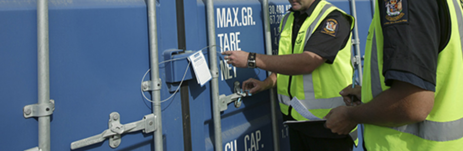 Customs officers inspecting containers